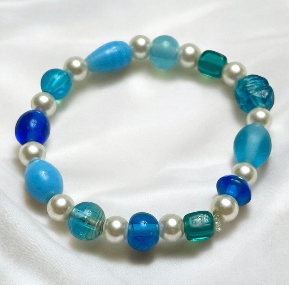Mixed Collection Blue/Green Glass Beads & Pearls Stretch Bracelet-NWOT